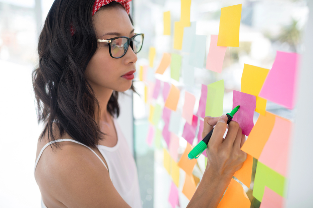 woman planning content ideas on a kanban board