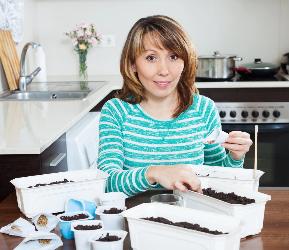 Woman planting seeds in her kitchen
