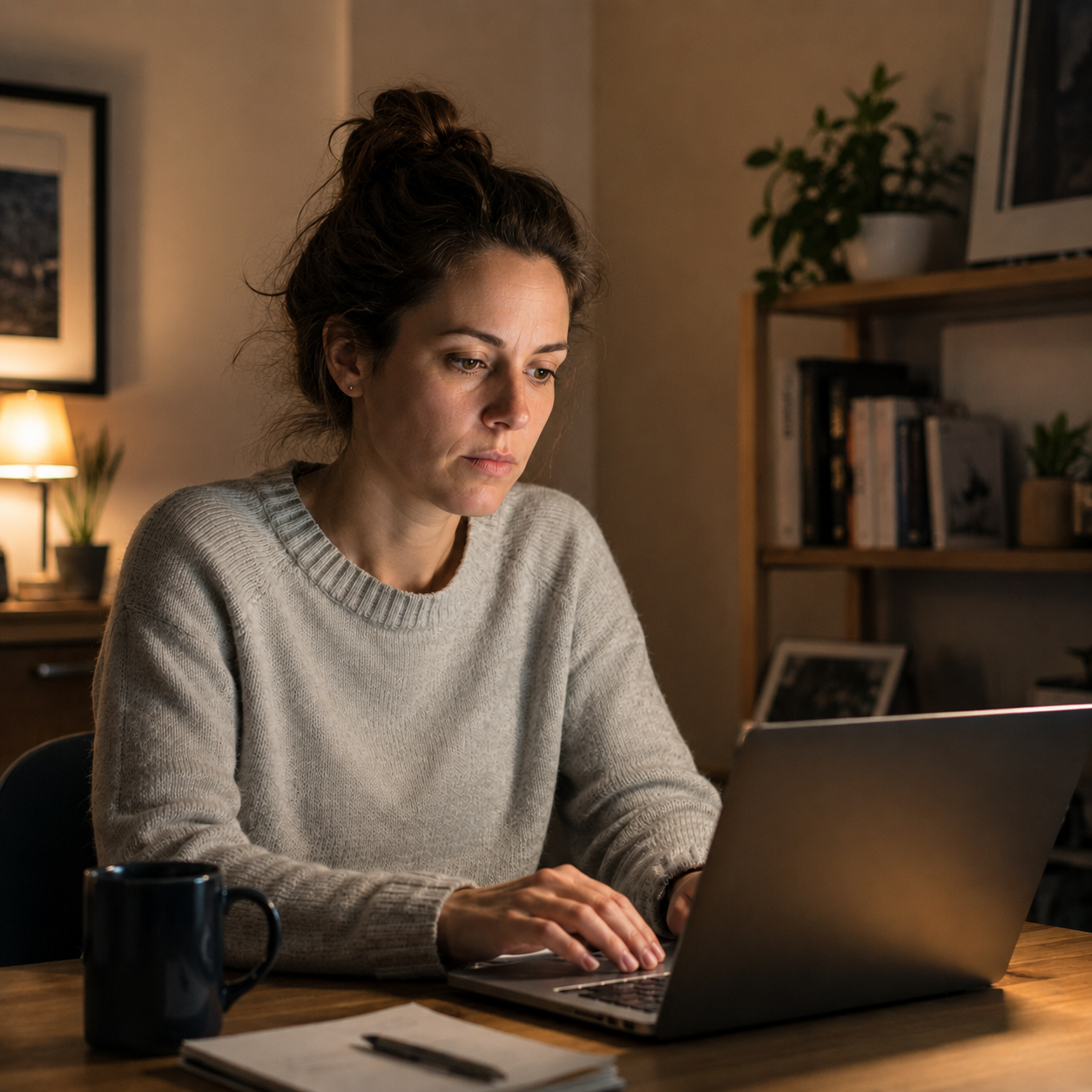 Woman sitting at laptop writing alone in a dark room.